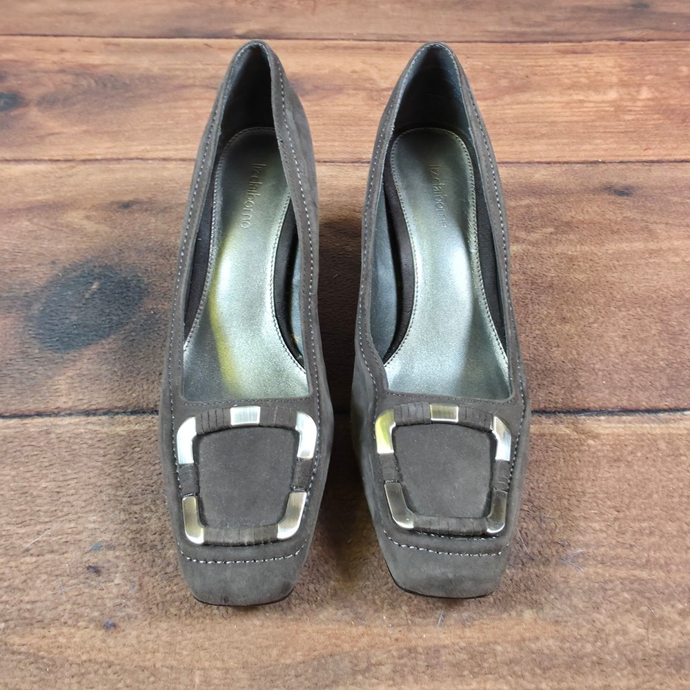 Liz Claiborne Nora Pump Women 8M Taupe Good Suede Square Toe Buckle Heel